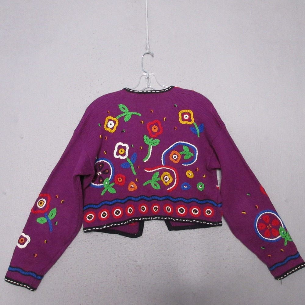 Vintage Rafia Sweater Cardigan Large Floral Embroidered Colorful Statement Boho - Picture 2 of 14